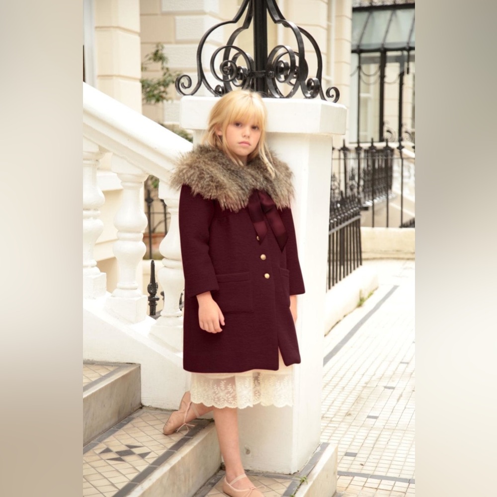 Elegant Burgundy Kids Coat with Faux Fur Collar blu pony Vintage size 10